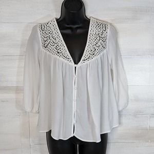 Skies Are Blue Loose, Flowy White Crop Top with Crocheted Top Size S